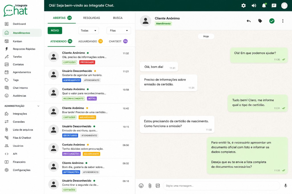 Tela de atendimentos do Integrate Chat com filas, conversas em andamento e chat em tempo real